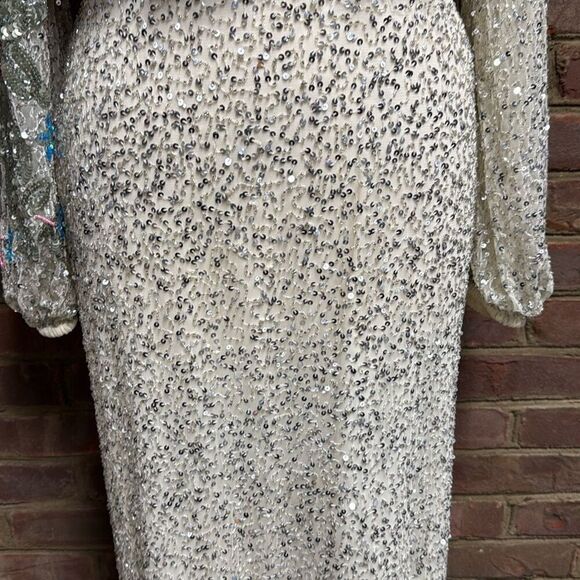 MAC DUGGAL Beige Embellished Floral High Neck Gown Size 8 - Picture 5 of 12